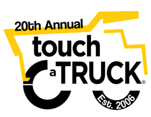 Outline of yellow tractor with 20th Annual Touch a Truck inside logo promoting event hosted by the Junior League of Richmond benefiting Feed More.