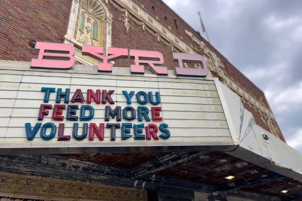 Feed More volunteer appreciation event marquee at The Byrd Theatre, celebrating Feed More volunteers. Message says "thank you Feed More volunteers"